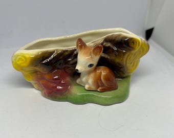 Vintage  Posy Vase  Fauna Deer Fawn Figure. Retro Ceramic Woodland scene planter. Kitsch deer ornament. Stamped Eastgate. Flower lover gift.