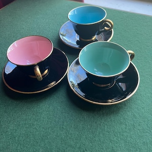Vintage teacup and saucer. Stamped Stavangerflint  Norway Harlequin Palette 1950s Vintage Footed Cup/Saucer with Gold. 3 available.