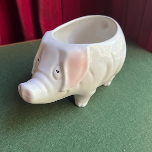 May include: A white ceramic pig-shaped planter with pink ears and a snout. The planter has a large opening for plants and is set on a green surface. The pig has small black eyes and is a decorative item.
