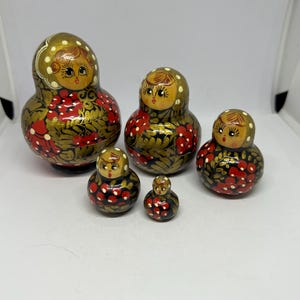 Vintage Matryoshka nesting doll. Hand painted 5 piece Russian nesting doll. Russian folk art collector gift. Gold red cherry decor details.