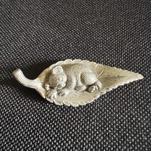 Tiny koala sleeping on a leaf. Pewter miniature figurine. Australian Koala lover gift. Silver tone baby koala figure Miniature collector.