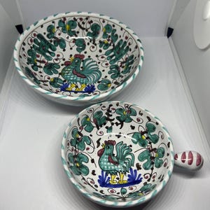 Vintage Italian hand painted serving set Olive oil bowl and handled sauce dish. Cockerel Rooster design with floral details Italian Majolica