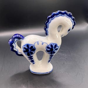 Porcelain Horse Figurine Gzhel Hand Painted blue mane and tail and floral decor. Stamped Made in USSR.