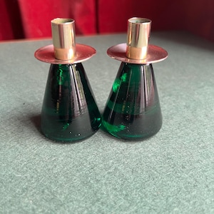 Taper Candle sticks, brass top, emerald green conical glass base Hadeland Norway glass Candle lover gift MCM Scandinavian decor.