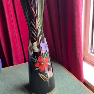 Black ceramic vase Hand painted flowers gold leaves flower vase. Tall bud vase Marked Foreign 1031/29