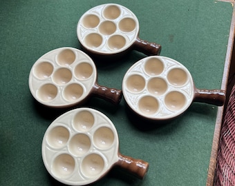 Vintage Escargot Dishes Ceramic handled Six Well serving plate. French cook ware Stamped Emile Henry. Only 1 left.
