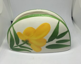 Ceramic napkin holder Marked Cabo Made in Spain. Hand-painted Yellow floral design.