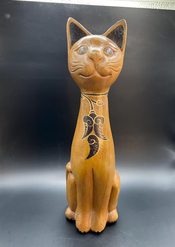 Hand Carved Wooden Cat Figurine. Made in Thailand Decorative Tall