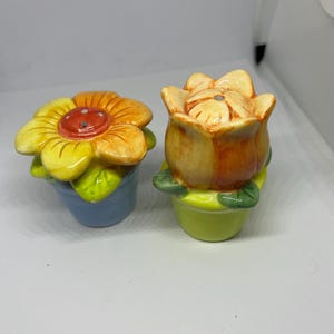 Vintage salt and pepper shakers. Flower cruet set. Quirky flowers ceramic salt pepper set. Cottage core kitchen decor Farmhouse kitchen.
