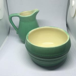 Beautiful milk jug and sugar bowl. Vintage Govancroft tea serving. Green glazed Art Deco style breakfast set Scottish pottery sugar creamer
