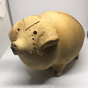 Studio pottery piggy bank. Quirky vintage handmade money bank pig. Stamped Gregorio? Milan?