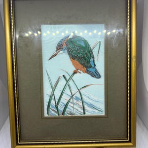 Vintage Framed Kingfisher picture. Jaquard Loom textile bird picture from the Cash Collector Range. Framed Kingfisher textile art Wall decor