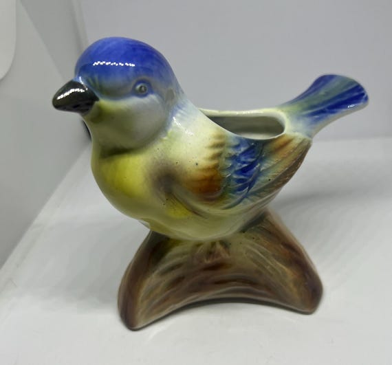 Quirky Bluebird Ceramic Planter. Vintage Yellow and Blue Cute Bird
