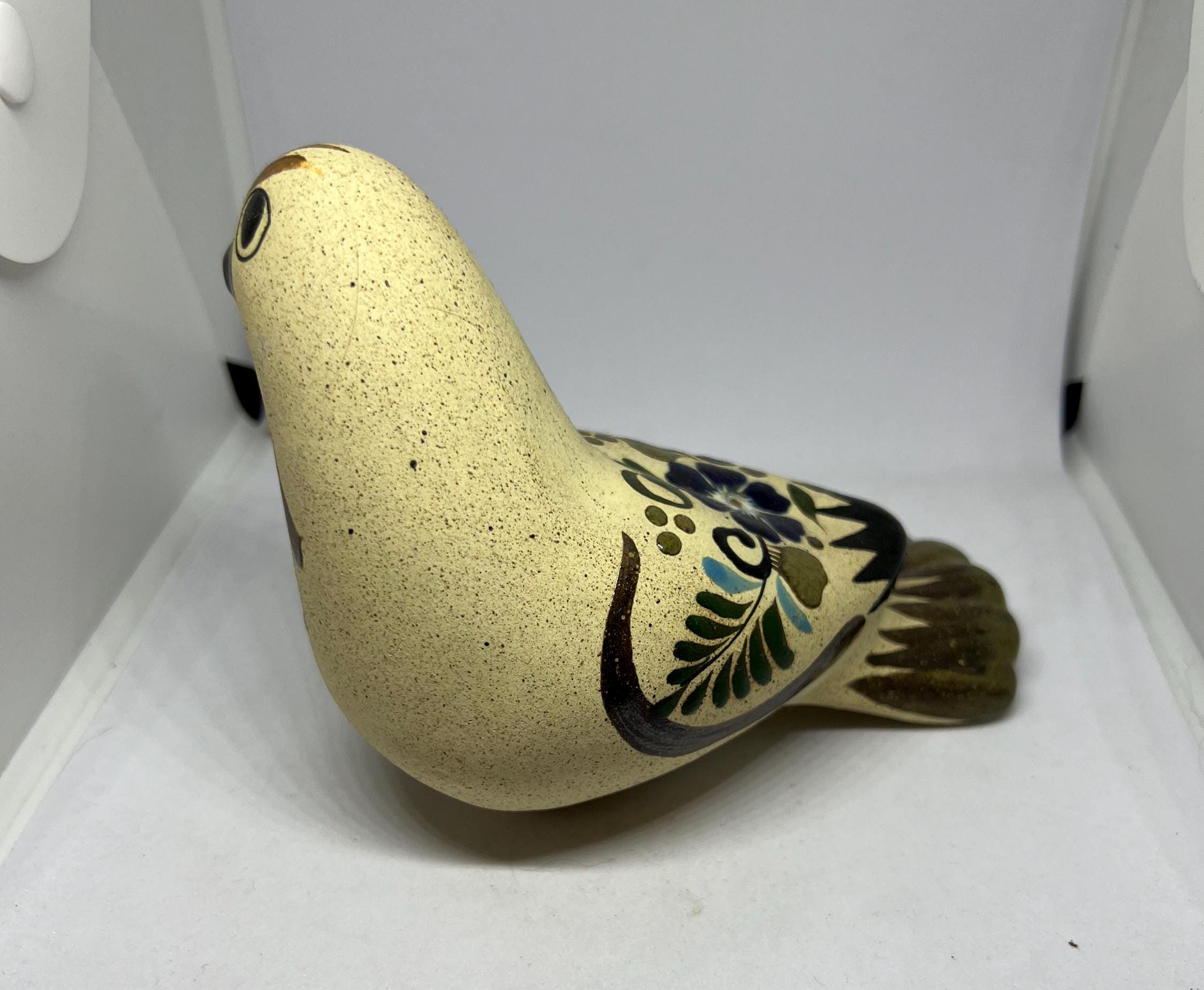 Bird figurine Tonala Mexico stone ware hand painted bird ornament 