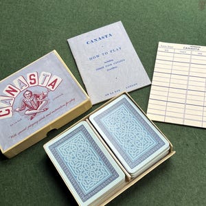 Gioco di carte Canasta vintage, anni '50, scatola originale De La Rue London, gioco retrò di metà secolo. Regalo per gli amanti dei giochi, regalo per gli amici.