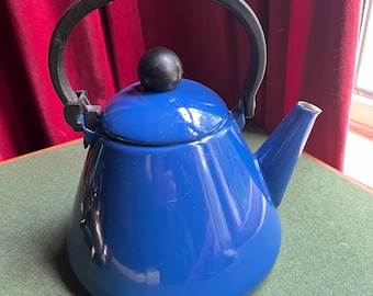 Vintage blue enamel kettle. Stove top kettle. Le Creuset style blue enamel kettle Handled cobalt blue enamel.