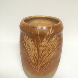 Studio Pottery Vase. Hand made bud posy vase with Sgrafitto grass pattern design. Brown glazed rustic home decor pot Quirky pen brush holder