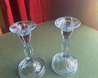 Blue glass candle holders. Sowerby glass ice blue candle stick set. Glass lover gift.