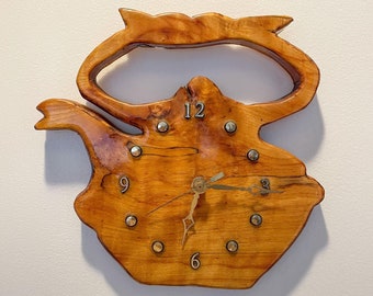 Vintage Carved Wood Wall Clock - Teapot Shape - Wooden Tea Pot Clock