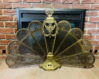 Large Vintage Brass Art Nouveau Peacock Fireplace Screen