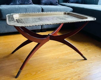 Vintage MCM Brass and Wood Spider Leg Rectangular Table with Etched Brass Tray - Made in Hong Kong