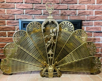 Extra Large Vintage Brass Art Nouveau Lady and Dragon Peacock Fireplace Screen
