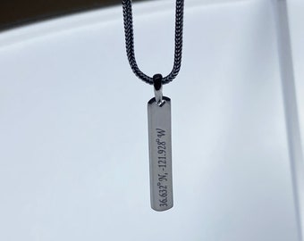 Custom Engraved GPS Coordinates Necklace for Men - Personalized Silver Black Bar Necklace - Personalized GPS Location - Gift for Boyfriend