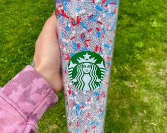 Starbucks cold cup tumbler,  crystal sprinkle snow globe, 4th of July red white and blue, America cup