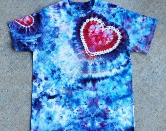 Red Heart Tie Dye Shirt, Blue Ice Dye T Shirt for Valentines Day, Music Festival Clothing, Rave Garb, Old Hippie Garb, Water Color Tie Dye
