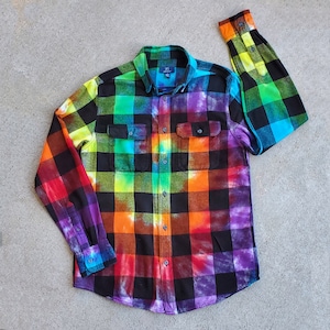 Rainbow Tie Dye Flannel Shirt, Festival Garb, Tie Dye Clothing, Distressed Flannel, Unique Custom Tie Dye, LGBT Pride Ally