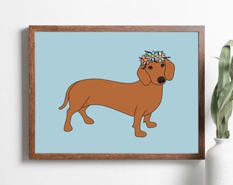 Dachshund flower crown — illustrated print