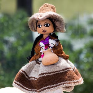 Andean Doll 12in Tall Handmade stitched Peruvian Ethnic Rag Cusco Doll Alpaca Wool dress and ceramic Pot