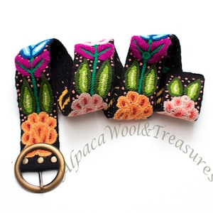 Embroidered Belt In Bloom Floral Belt Hand stitched Belts from Alpaca Wool Black Base Multi Floral Wholesale Peruvian Belts