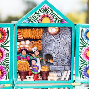 Andinsk trälåda Retablo handgjord med figurer The Bakery