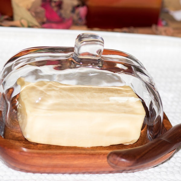 Butter dish from Macacauba Wood with Glass Top Fine European Size Hand Carved Wooden Butter Dish