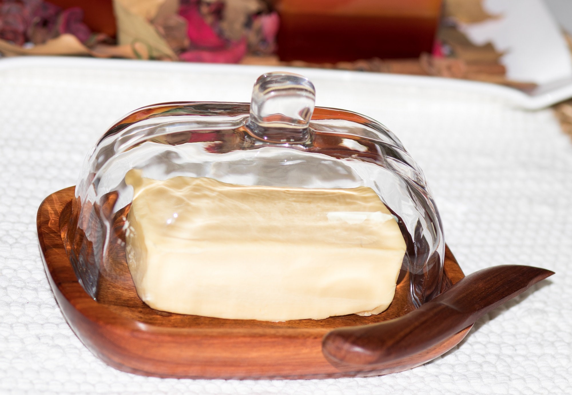 Wooden Butter Dish With Glass Top and Knife Large Fine