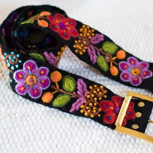 Embroidered Black Floral Belt from Alpaca Wool Hand Stitched In Bloom
