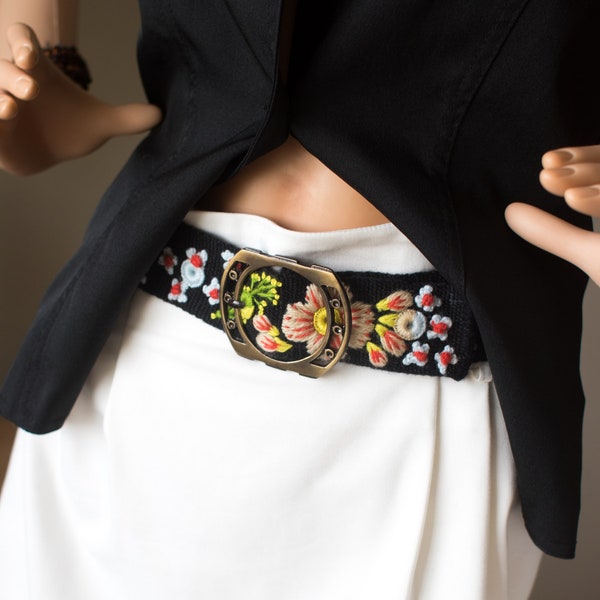 Embroidered Belt In Bloom Black base Multi Floral Hand stitched from Alpaca Wool light Blue flowers