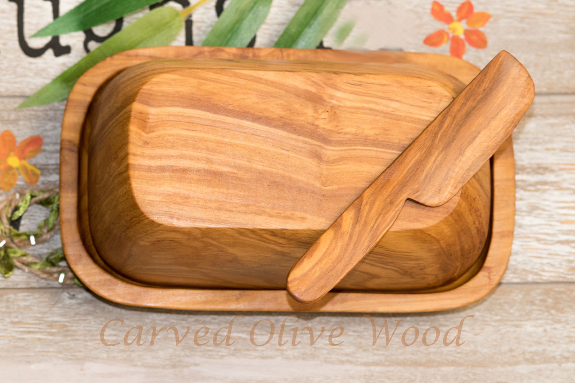 Olive Wood Butter Dish and Knife Etsy