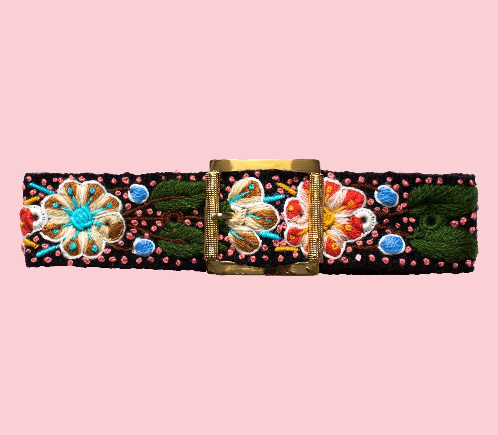 Embroidered in Bloom Black Multi Floral Belt Hand Stitched