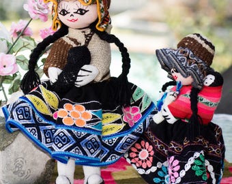 Andean Rag Doll Cusco Peru Hand stitched Ethnic Charming Doll Alpaca Wool dress
