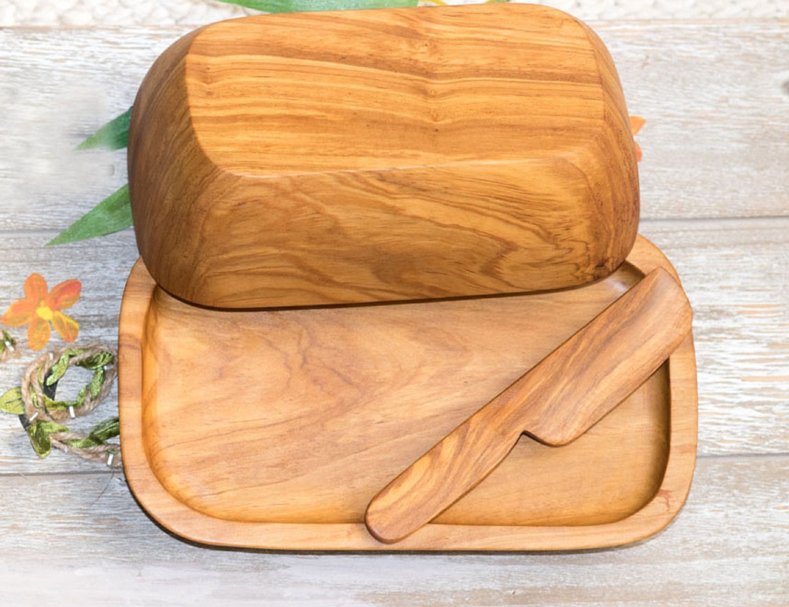 Olive Wood Butter Dish and Knife Etsy