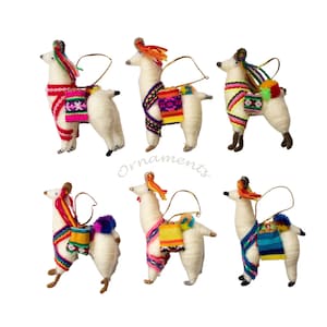 Set of 6 Llamas Christmas Ornaments Tree Decoration from Alpaca Yarn 3.5&quot; Tall Wholesale handmade alpacas Cusco