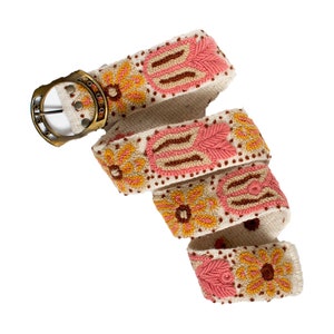 In Bloom Embroidered Hand Stitched Belt Ivory base Coral flowers from Alpaca Wool Handmade wholesale belts Floral stitched belts