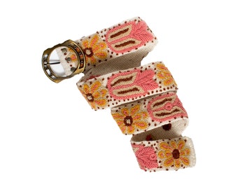 In Bloom Embroidered Hand Stitched Belt Ivory base Coral flowers from Alpaca Wool Handmade wholesale belts Floral stitched belts