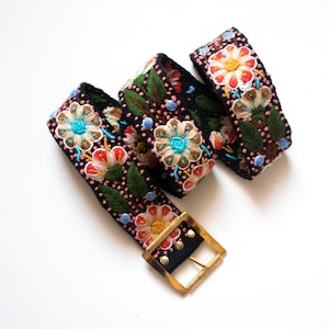 Embroidered In Bloom Black Multi Floral Belt Hand stitched from Alpaca Wool