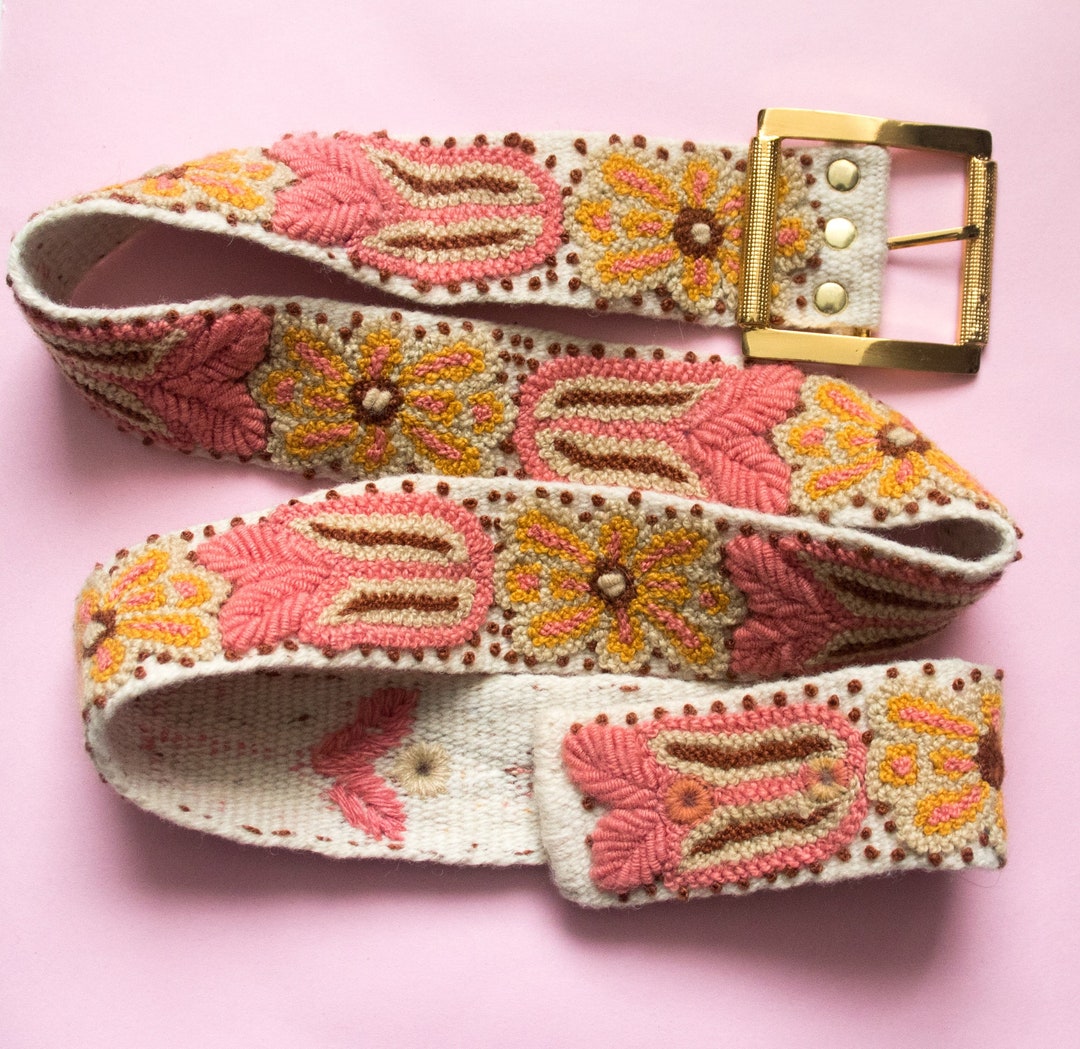 In Bloom Floral Embroidered Belt Hand stitched from Alpaca Wool Coral
