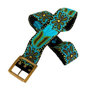 Embroidered Floral Belt Black base and turquoise floral Elegant belt from Alpaca Wool