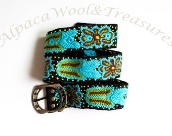 Embroidered Belt black Base Floral Turquoise from Alpaca Wool Hand stitched