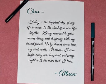 Handwritten Calligraphy Love Letter, Personalized Wedding Note